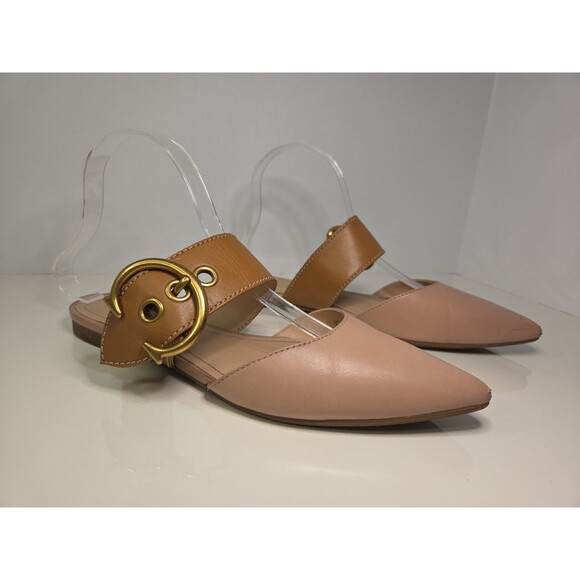 Coach Light Pink Leather Mules With Tan Adjustable Buckle Pointed Toe Sz 9 Flats - Picture 1 of 12